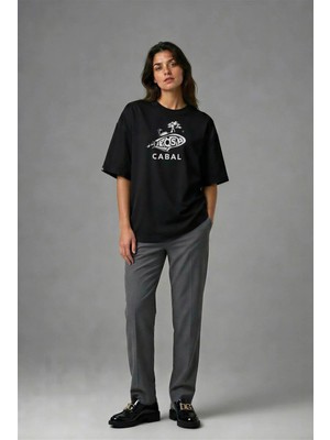 Posh Cabal F01119 Baskılı Oversize Siyah Kadın T-Shirt