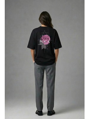 Posh Cabal A02002 Baskılı Oversize Siyah Kadın T-Shirt