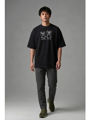 Posh Cabal F01093 Baskılı Oversize Siyah Erkek T-Shirt