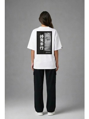 Posh Cabal A03125 Baskılı Oversize Beyaz Kadın T-Shirt