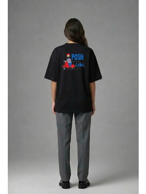Posh Cabal A02122 Baskılı Oversize Siyah Kadın T-Shirt