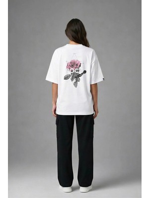 Posh Cabal A02001 Baskılı Oversize Beyaz Kadın T-Shirt