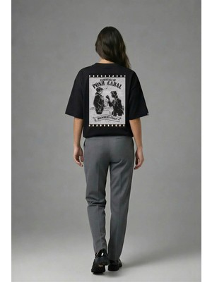 Posh Cabal A02050 Baskılı Oversize Siyah Kadın T-Shirt