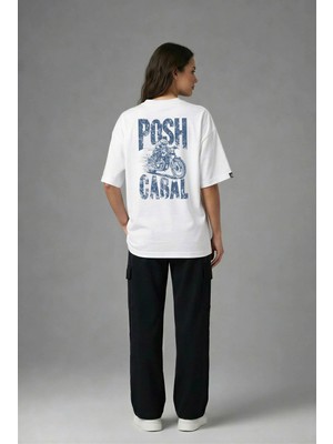 Posh Cabal A03093 Baskılı Oversize Beyaz Kadın T-Shirt
