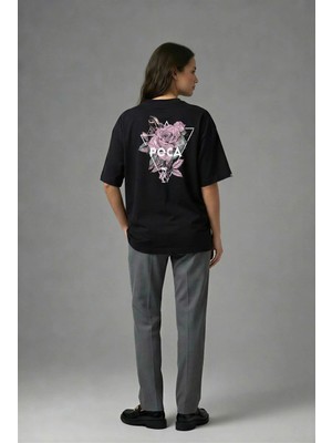Posh Cabal A01009 Baskılı Oversize Siyah Kadın T-Shirt