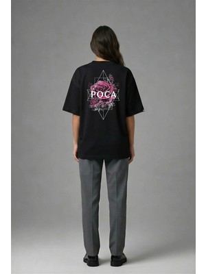 Posh Cabal A02003 Baskılı Oversize Siyah Kadın T-Shirt