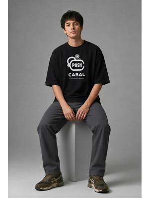 Posh Cabal F01120 Baskılı Oversize Siyah Erkek T-Shirt