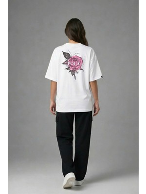 Posh Cabal A02005 Baskılı Oversize Beyaz Kadın T-Shirt