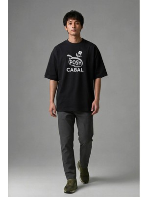 Posh Cabal F01118 Baskılı Oversize Siyah Erkek T-Shirt
