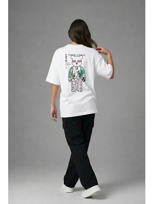 Posh Cabal A03040 Baskılı Oversize Beyaz Kadın T-Shirt