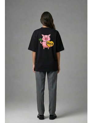 Posh Cabal A02021 Baskılı Oversize Siyah Kadın T-Shirt