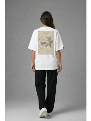 Posh Cabal A02104 Baskılı Oversize Beyaz Kadın T-Shirt
