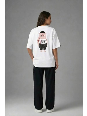 Posh Cabal A02019 Baskılı Oversize Beyaz Kadın T-Shirt