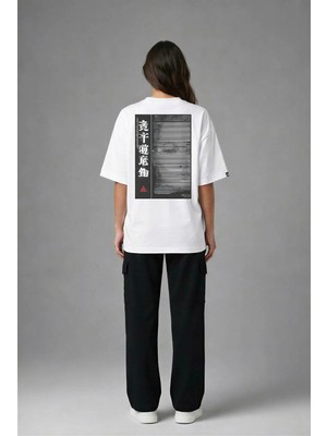Posh Cabal A03130 Baskılı Oversize Beyaz Kadın T-Shirt