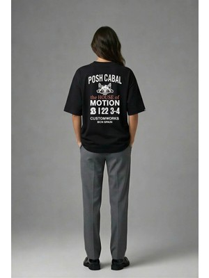 Posh Cabal A01057 Baskılı Oversize Siyah Kadın T-Shirt