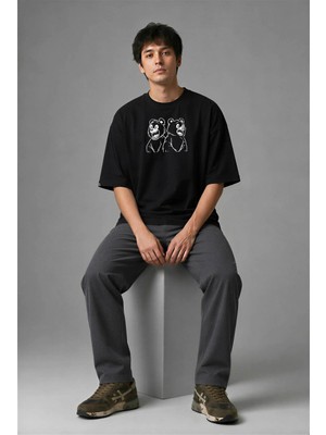 Posh Cabal F01090 Baskılı Oversize Siyah Erkek T-Shirt