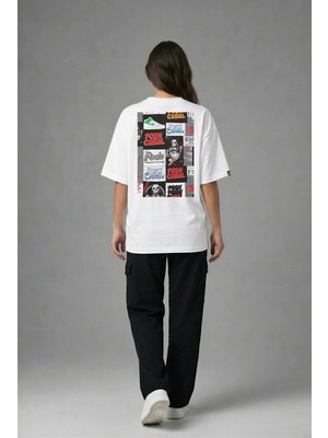 Posh Cabal A03084 Baskılı Oversize Beyaz Kadın T-Shirt