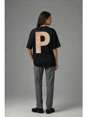 Posh Cabal A02118 Baskılı Oversize Siyah Kadın T-Shirt