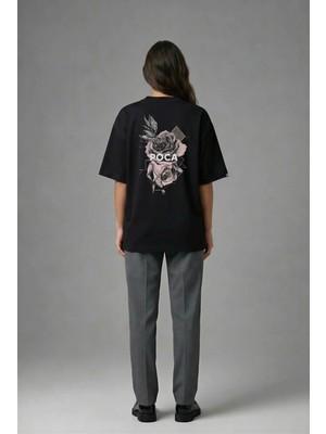 Posh Cabal A02011 Baskılı Oversize Siyah Kadın T-Shirt