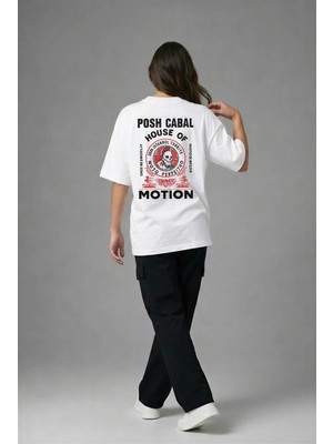 Posh Cabal A03102 Baskılı Oversize Beyaz Kadın T-Shirt