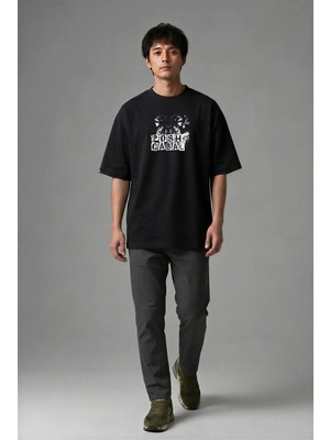 Posh Cabal F01083 Baskılı Oversize Siyah Erkek T-Shirt