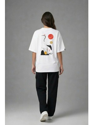 Posh Cabal A02075 Baskılı Oversize Beyaz Kadın T-Shirt