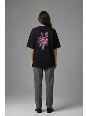 Posh Cabal A02006 Baskılı Oversize Siyah Kadın T-Shirt
