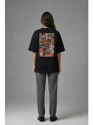 Posh Cabal A02051 Baskılı Oversize Siyah Kadın T-Shirt