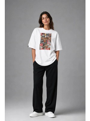 Posh Cabal F02051 Baskılı Oversize Beyaz Kadın T-Shirt
