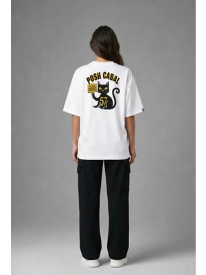 Posh Cabal A02087 Baskılı Oversize Beyaz Kadın T-Shirt