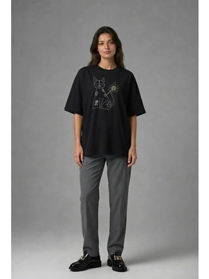 Posh Cabal F01127 Baskılı Oversize Siyah Kadın T-Shirt