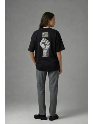 Posh Cabal A02108 Baskılı Oversize Siyah Kadın T-Shirt