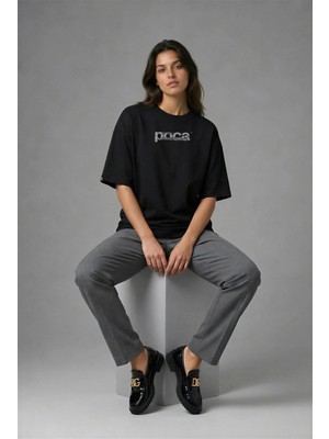 Posh Cabal F02090 Baskılı Oversize Siyah Kadın T-Shirt