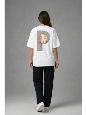 Posh Cabal A02114 Baskılı Oversize Beyaz Kadın T-Shirt
