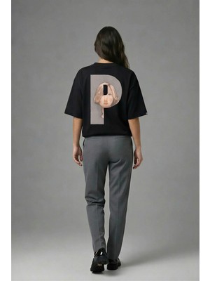 Posh Cabal A02114 Baskılı Oversize Siyah Kadın T-Shirt
