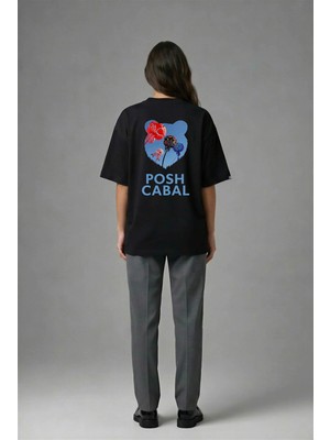 Posh Cabal A02061 Baskılı Oversize Siyah Kadın T-Shirt