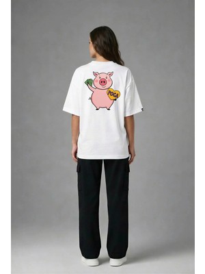 Posh Cabal A02022 Baskılı Oversize Beyaz Kadın T-Shirt