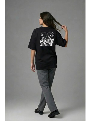 Posh Cabal A01083 Baskılı Oversize Siyah Kadın T-Shirt