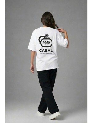 Posh Cabal A03045 Baskılı Oversize Beyaz Kadın T-Shirt