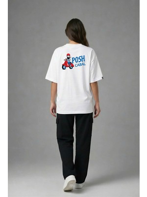 Posh Cabal A02119 Baskılı Oversize Beyaz Kadın T-Shirt