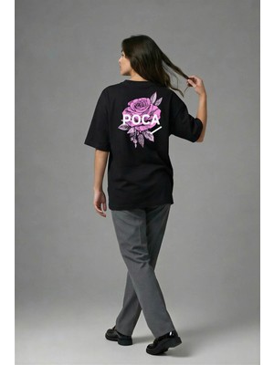 Posh Cabal A01013 Baskılı Oversize Siyah Kadın T-Shirt
