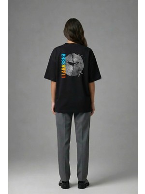 Posh Cabal A02068 Baskılı Oversize Siyah Kadın T-Shirt