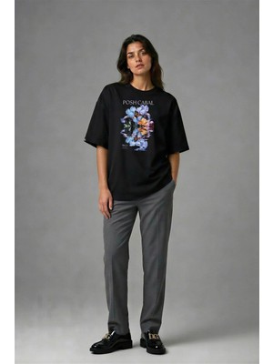 Posh Cabal F01099 Baskılı Oversize Siyah Kadın T-Shirt