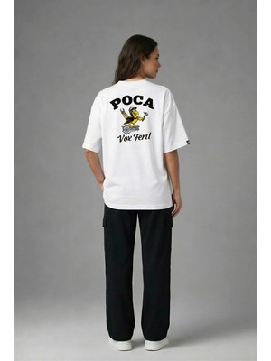 Posh Cabal A03088 Baskılı Oversize Beyaz Kadın T-Shirt