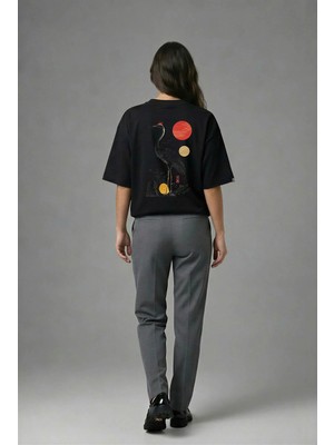 Posh Cabal A02075 Baskılı Oversize Siyah Kadın T-Shirt