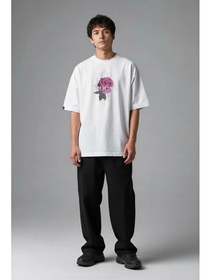 Posh Cabal F02002 Baskılı Oversize Beyaz Erkek T-Shirt