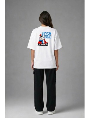 Posh Cabal A02120 Baskılı Oversize Beyaz Kadın T-Shirt
