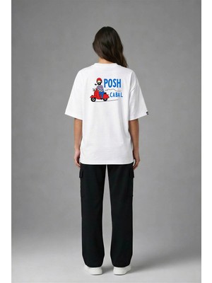 Posh Cabal A02122 Baskılı Oversize Beyaz Kadın T-Shirt