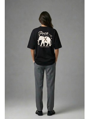 Posh Cabal A02096 Baskılı Oversize Siyah Kadın T-Shirt