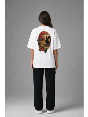 Posh Cabal A02073 Baskılı Oversize Beyaz Kadın T-Shirt